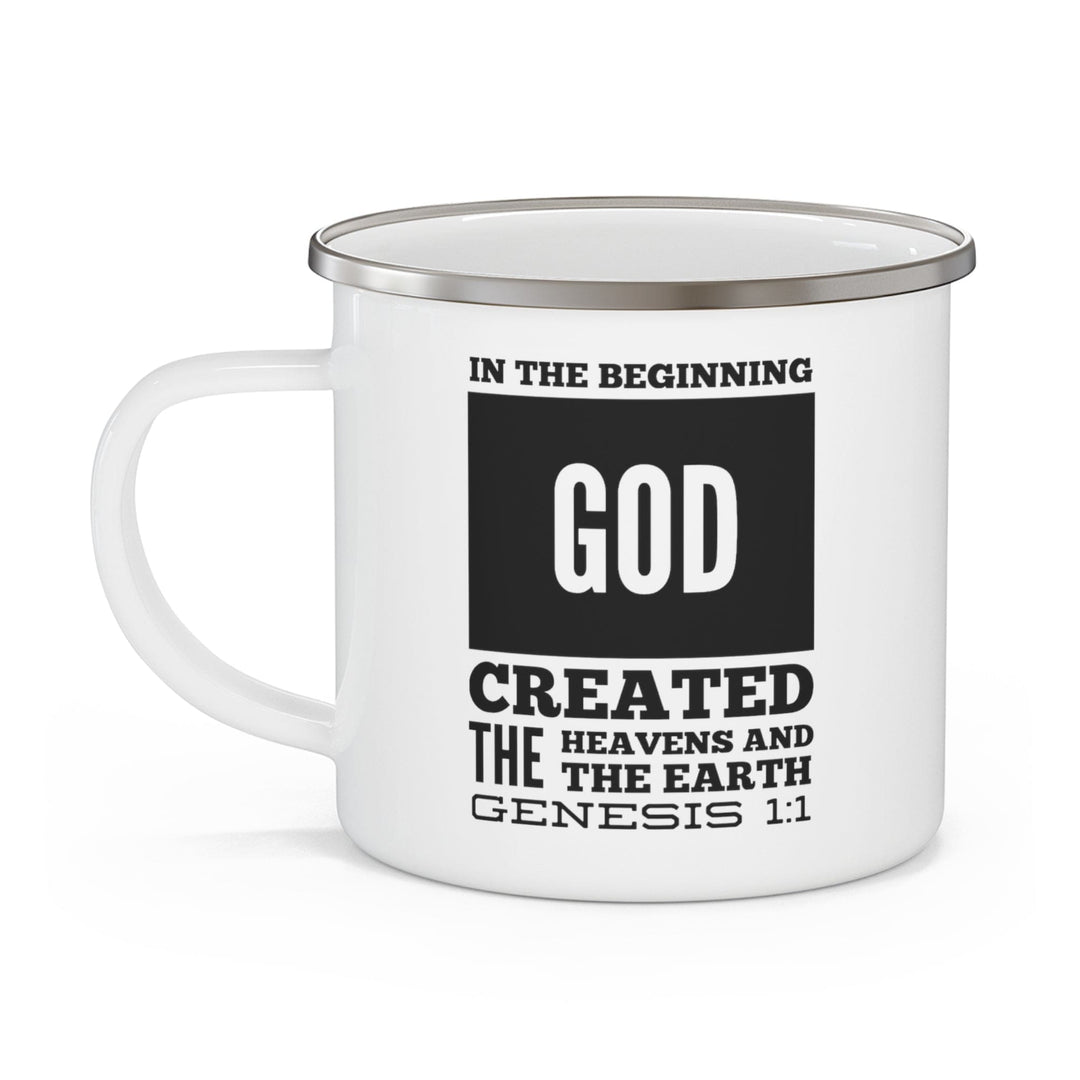 Enamel Camping Mug in the Beginning God Created the Heavens and the Earth Black