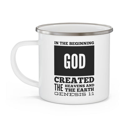 Enamel Camping Mug In The Beginning God Created Heavens And Earth Black