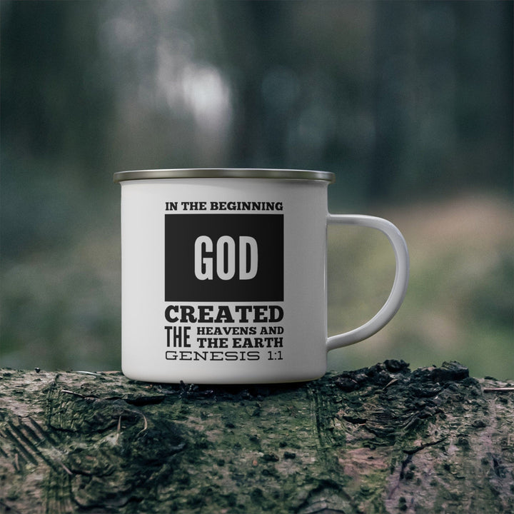 Enamel Camping Mug in the Beginning God Created the Heavens and the Earth Black