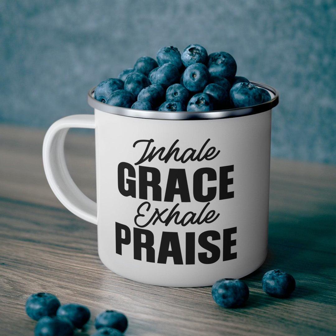 Enamel Camping Mug Inhale Grace Exhale Praise Black Illustration - Decorative