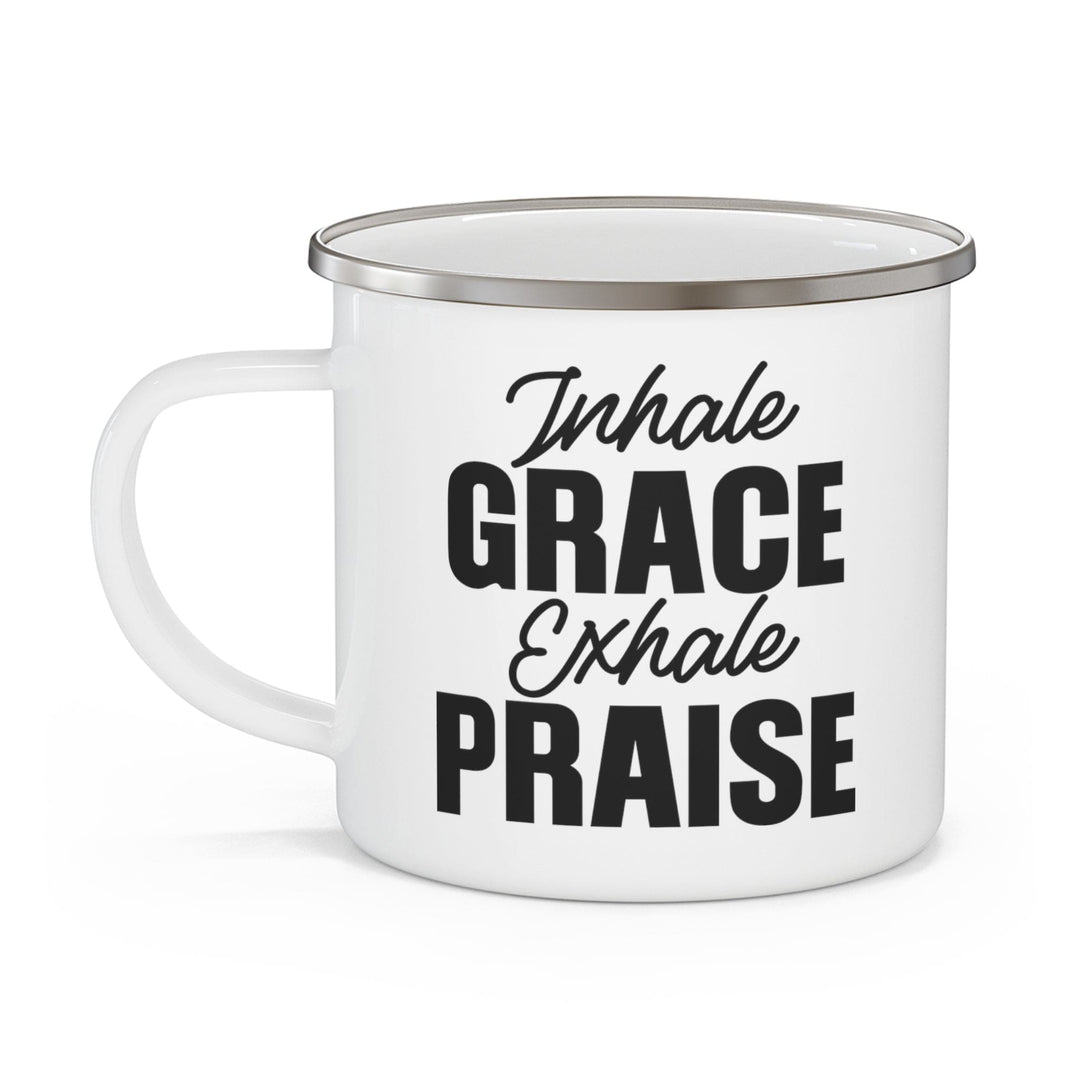 Enamel Camping Mug Inhale Grace Exhale Praise Black Illustration - Decorative