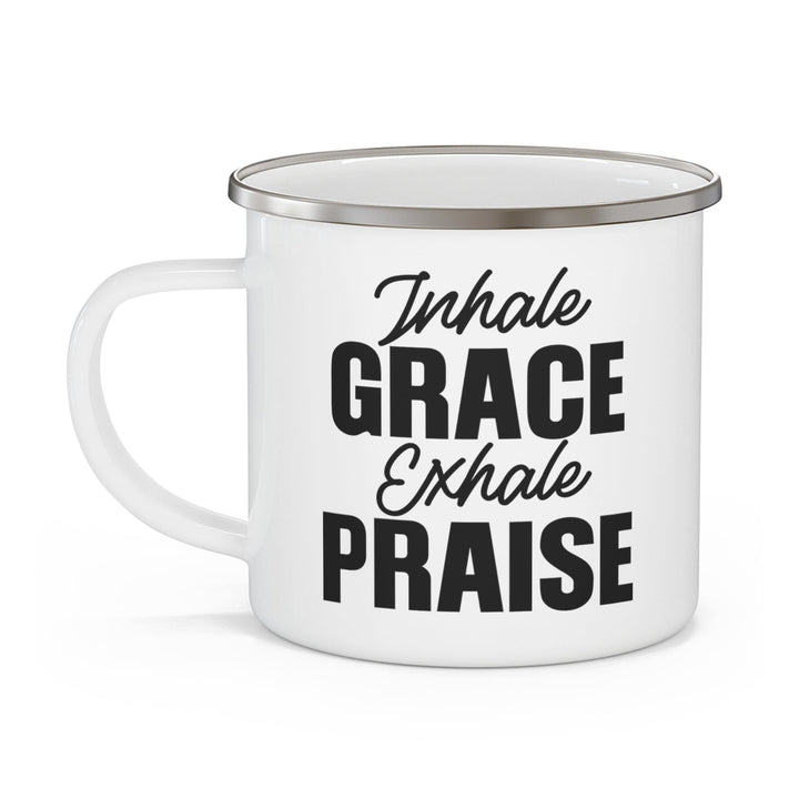 Enamel Camping Mug Inhale Grace Exhale Praise Black Illustration - Decorative