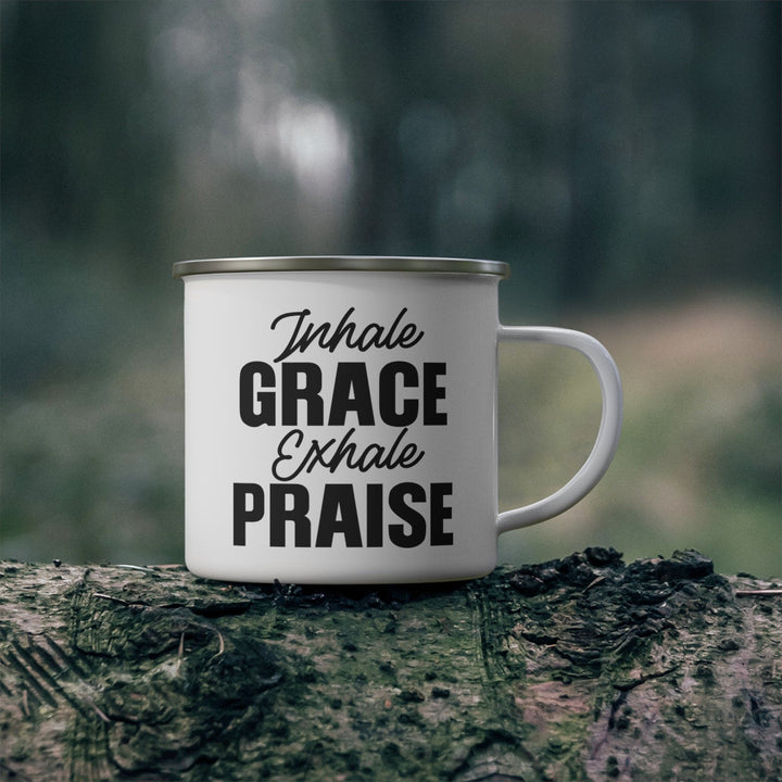 Enamel Camping Mug Inhale Grace Exhale Praise Black Illustration - Decorative