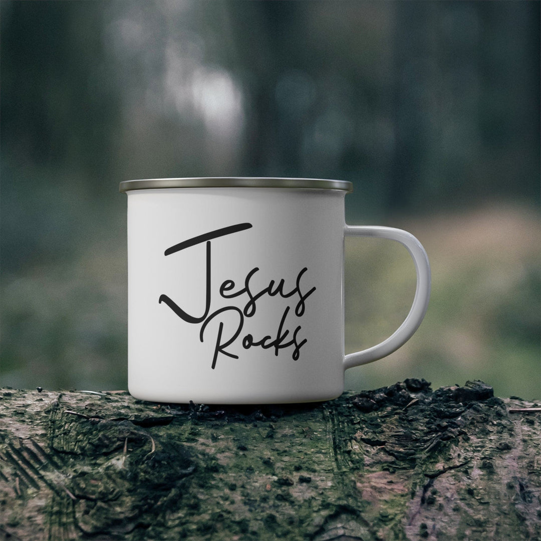 Enamel Camping Mug Jesus Rocks - Christian Inspiration Affirmation - Black