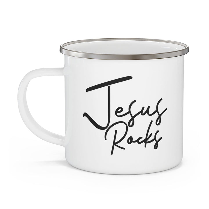 Enamel Camping Mug Jesus Rocks - Christian Inspiration Affirmation - Black