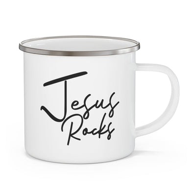 Enamel Camping Mug Jesus Rocks - Christian Inspiration Affirmation Black