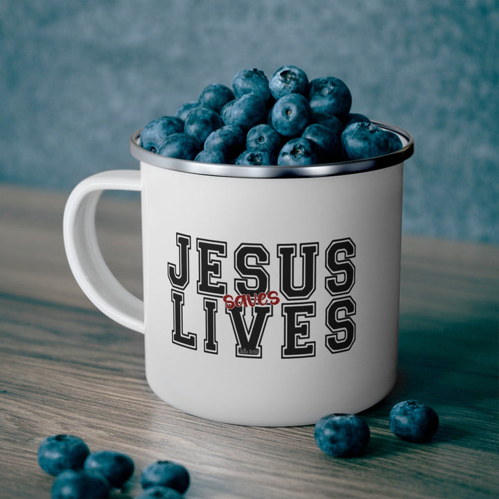 Enamel Camping Mug Jesus Saves Lives Black Red Illustration - Decorative