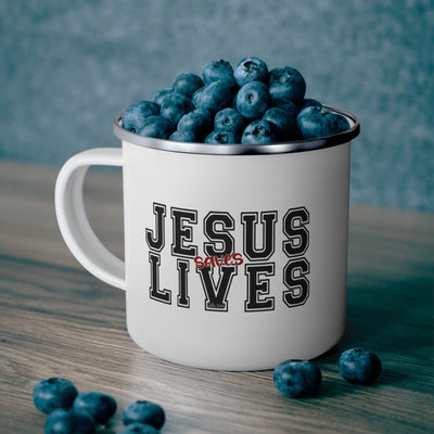 Enamel Camping Mug Jesus Saves Lives Black Red Illustration - Decorative | Mugs