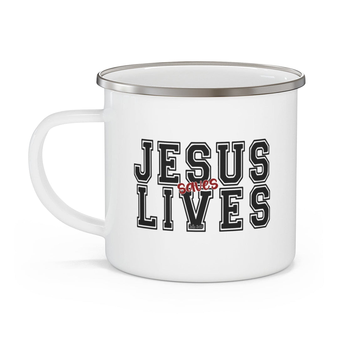 Enamel Camping Mug Jesus Saves Lives Black Red Illustration - Decorative