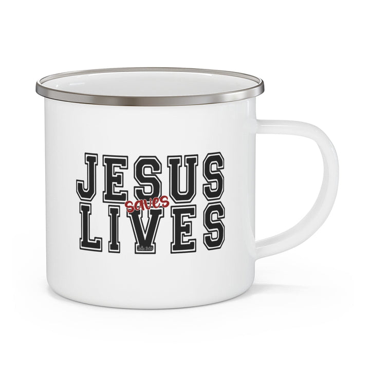 Enamel Camping Mug Jesus Saves Lives Black Red Illustration - Decorative