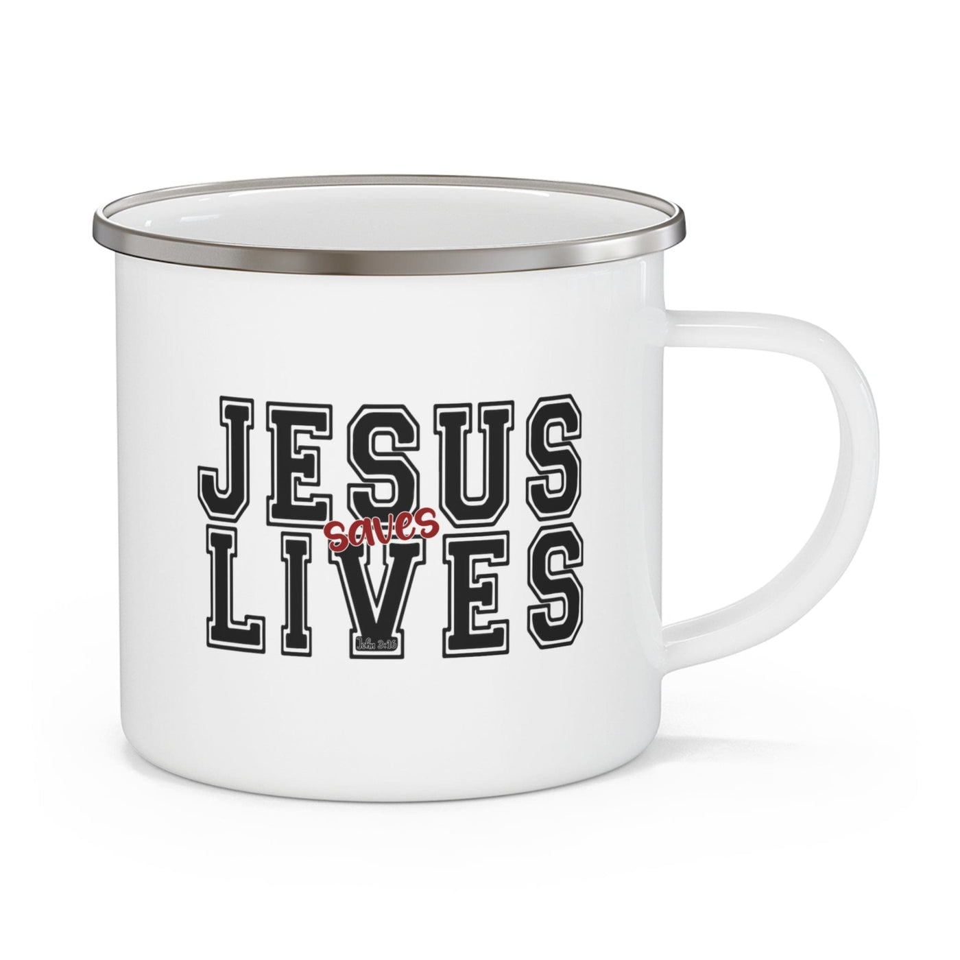 Enamel Camping Mug Jesus Saves Lives Black Red Illustration - Decorative | Mugs