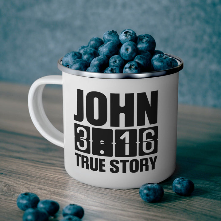 Enamel Camping Mug John 3:16 True Story - Scripture Inspiration Black