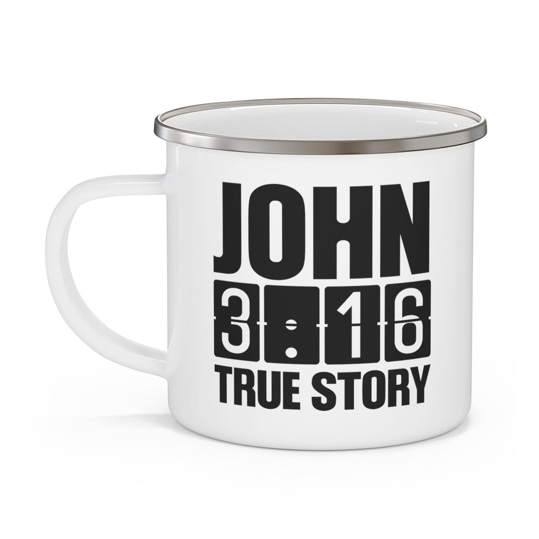 Enamel Camping Mug John 3:16 True Story - Scripture Inspiration Black