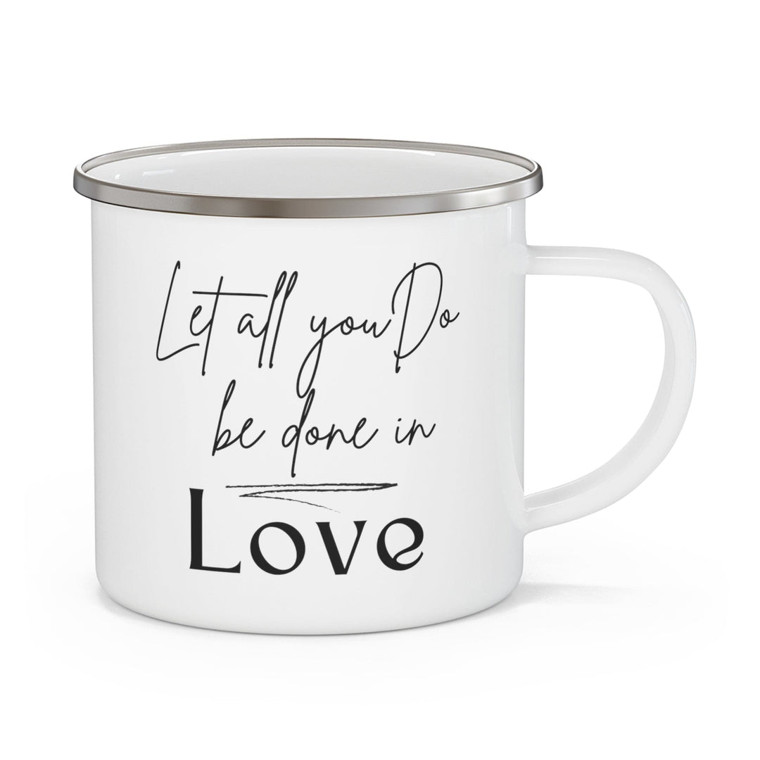 Enamel Camping Mug Let All you do be Done in Love Black Illustration