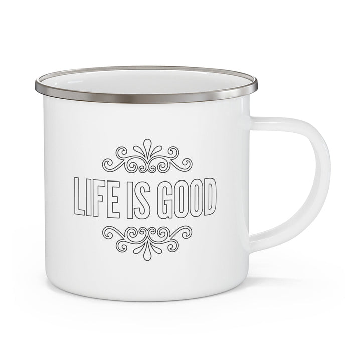 Enamel Camping Mug - Life is Good Black Outline Graphic Illustration