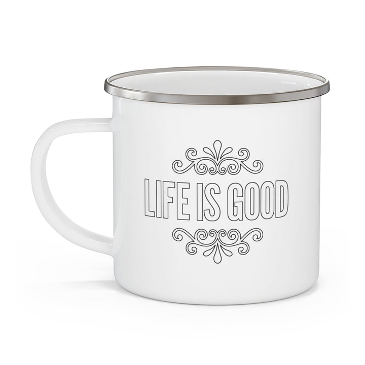 Enamel Camping Mug - Life is Good Black Outline Graphic Illustration