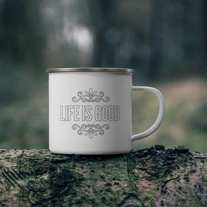 Enamel Camping Mug - Life is Good Black Outline Graphic Illustration