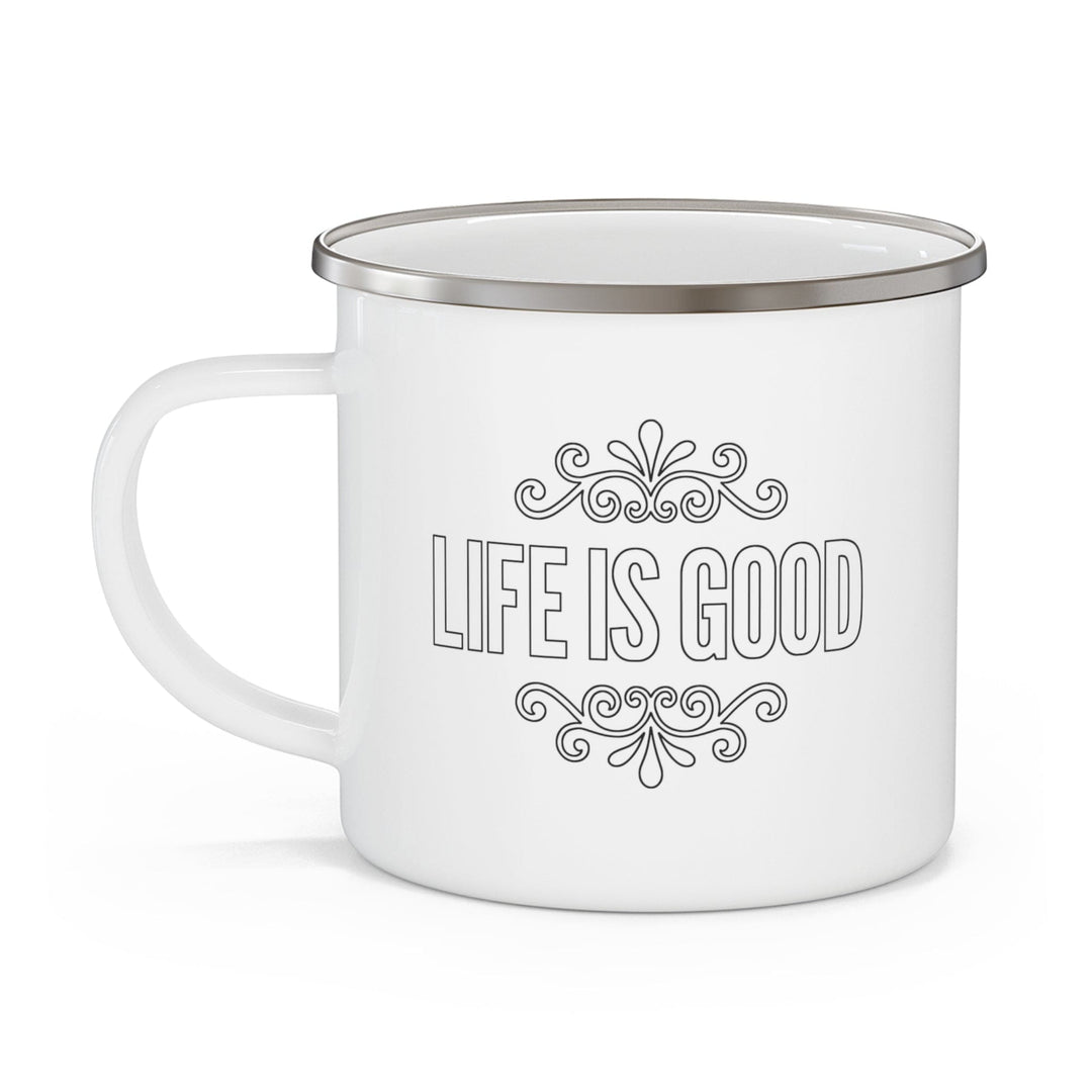 Enamel Camping Mug Life is Good Word Art Illustration Black Outline