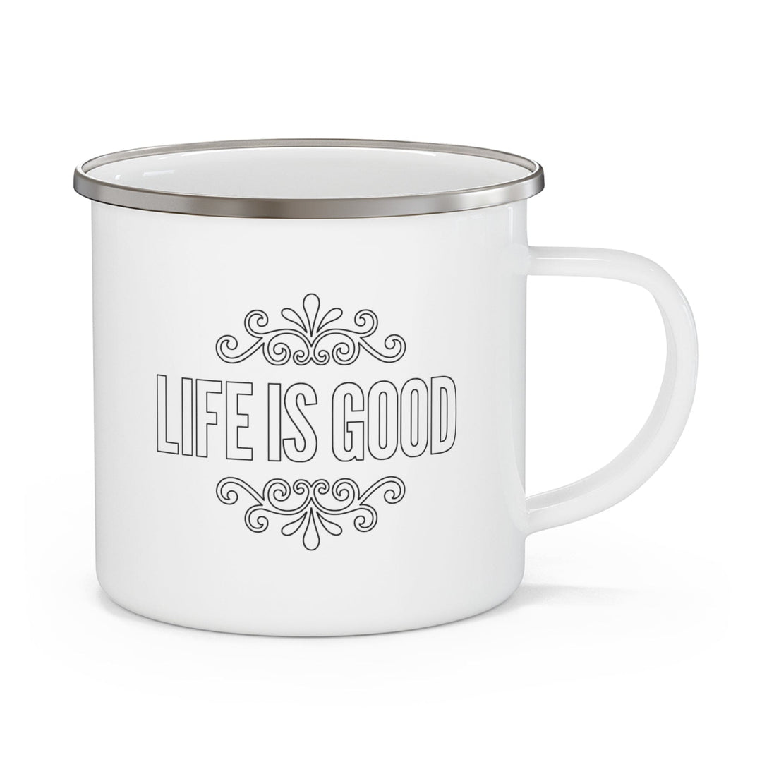 Enamel Camping Mug Life is Good Word Art Illustration Black Outline