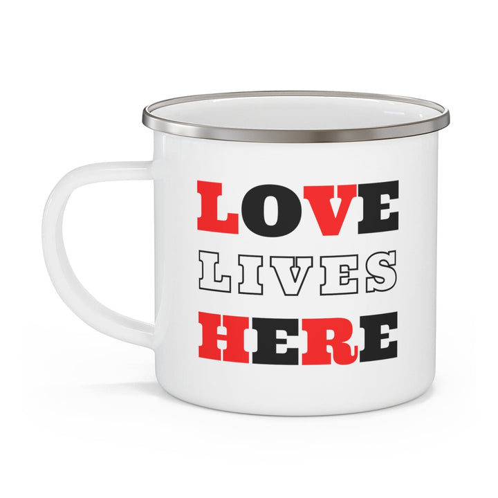 Enamel Camping Mug Love Lives Here Christian Red Black Illustration