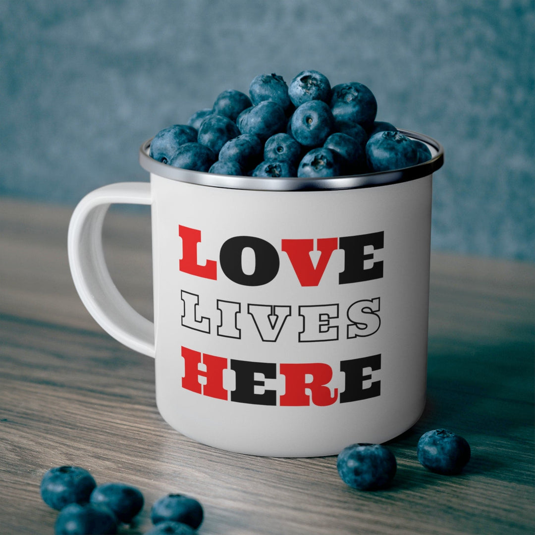 Enamel Camping Mug Love Lives Here Christian Red Black Illustration