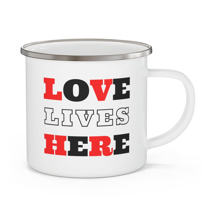 Enamel Camping Mug Love Lives Here Christian Red Black Illustration