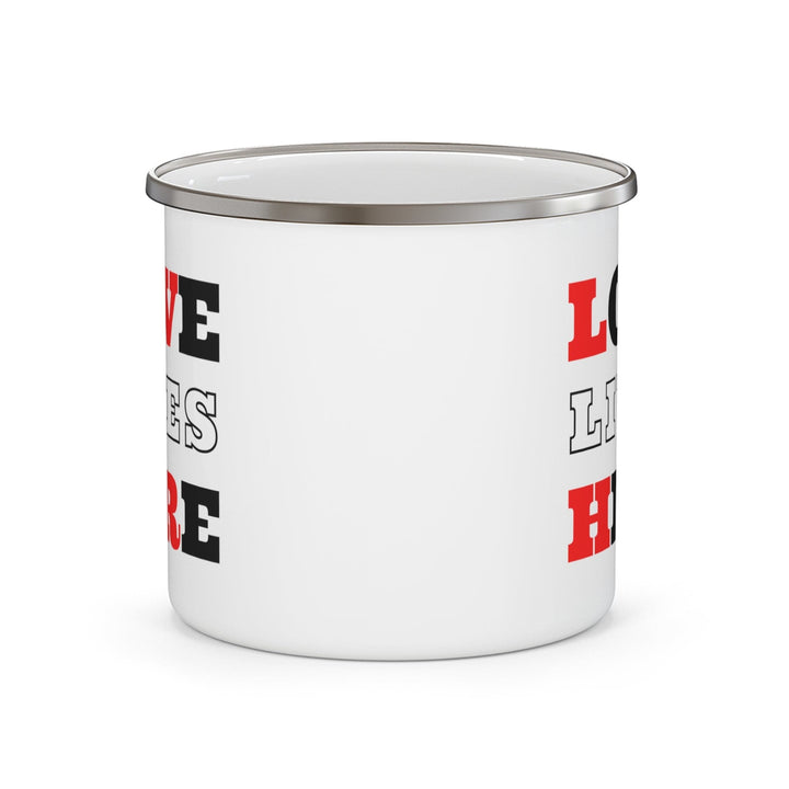 Enamel Camping Mug Love Lives Here Christian Red Black Illustration