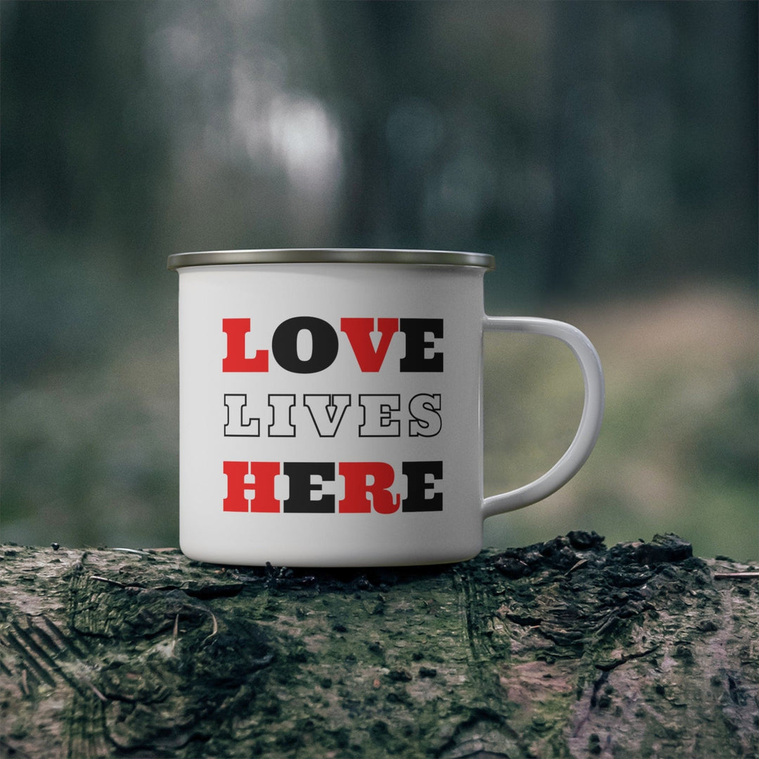 Enamel Camping Mug Love Lives Here Christian Red Black Illustration