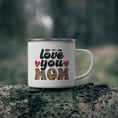 Enamel Camping Mug Love You Mom Leopard Print Black Illustration - Decorative