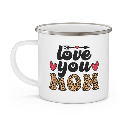 Enamel Camping Mug Love You Mom Leopard Print Black Illustration - Decorative