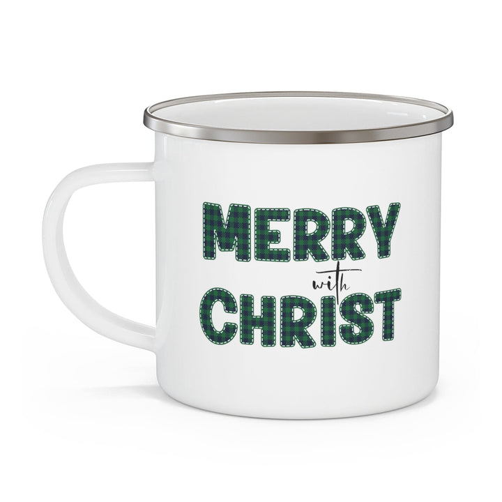 Enamel Camping Mug Merry with Christ Green Plaid Christmas Holiday Print