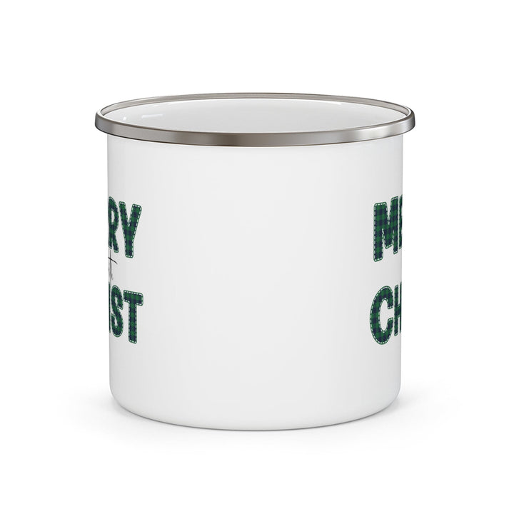 Enamel Camping Mug Merry with Christ Green Plaid Christmas Holiday Print