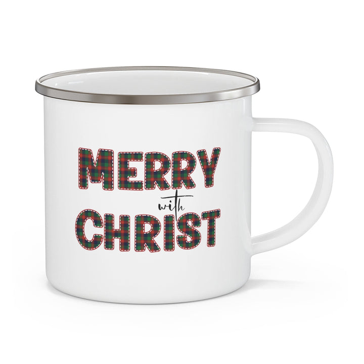 Enamel Camping Mug Merry with Christ Red and Green Plaid Christmas Holiday