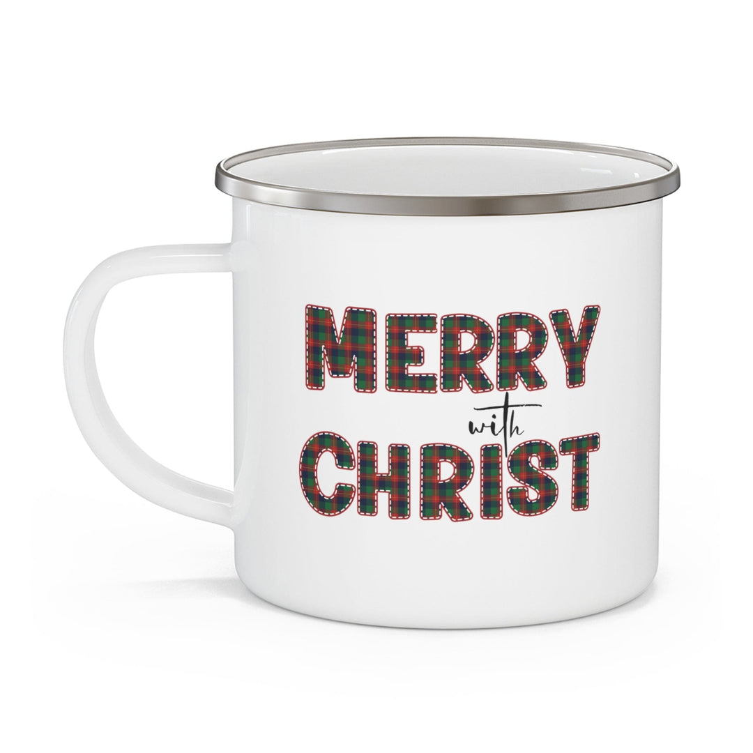 Enamel Camping Mug Merry with Christ Red and Green Plaid Christmas Holiday