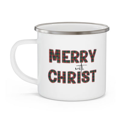 Enamel Camping Mug Merry With Christ Red And Green Plaid Christmas Holiday