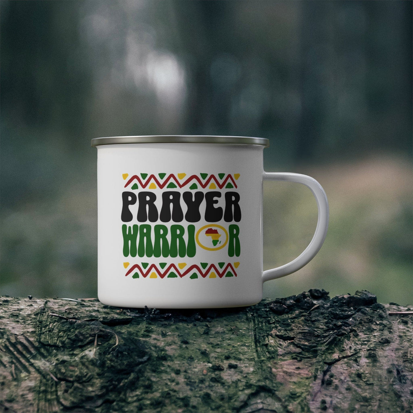 Enamel Camping Mug Prayer Warrior Africa Inspiration Illustration Black Green