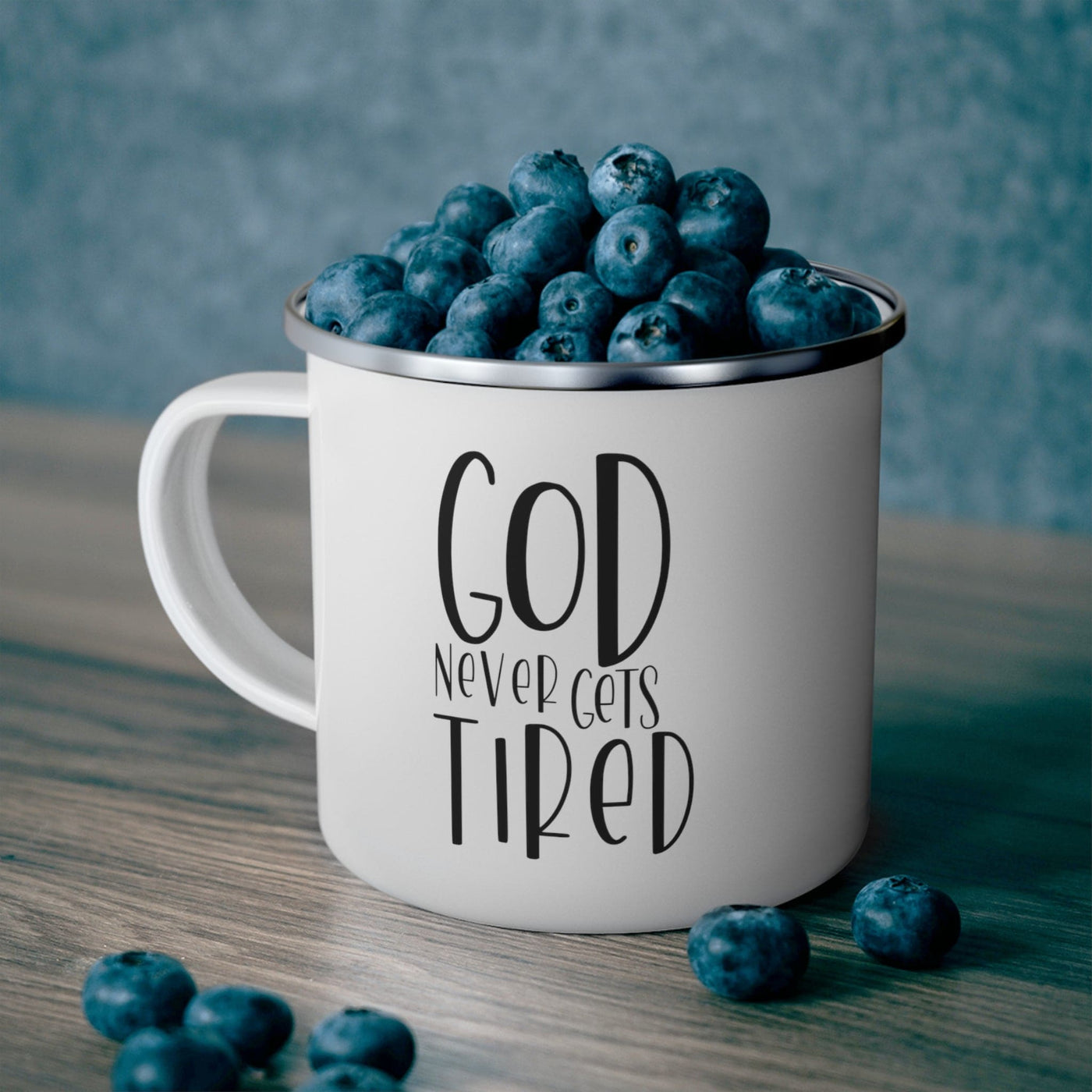 Enamel Camping Mug Say It Soul - God Never Gets Tired Black Illustration