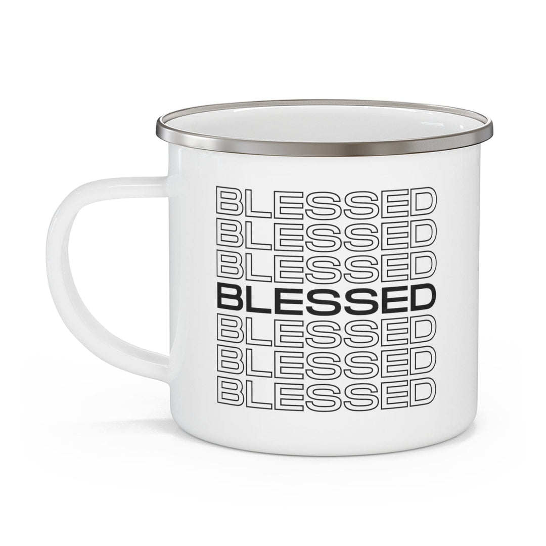 Enamel Camping Mug Stacked Blessed Print - Inspirational Affirmation - Black