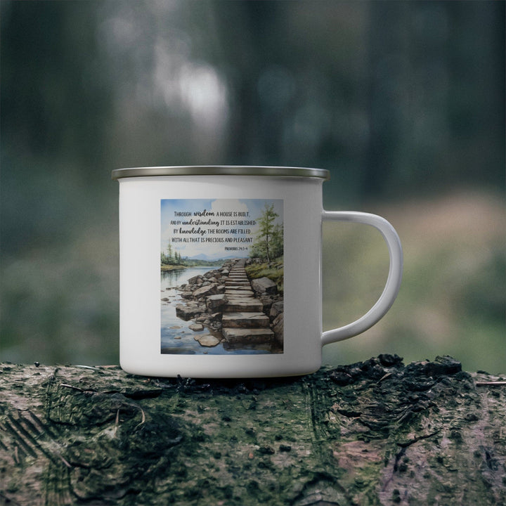 Enamel Camping Mug Stepping Stones Watercolor Through Wisdom a House is Built