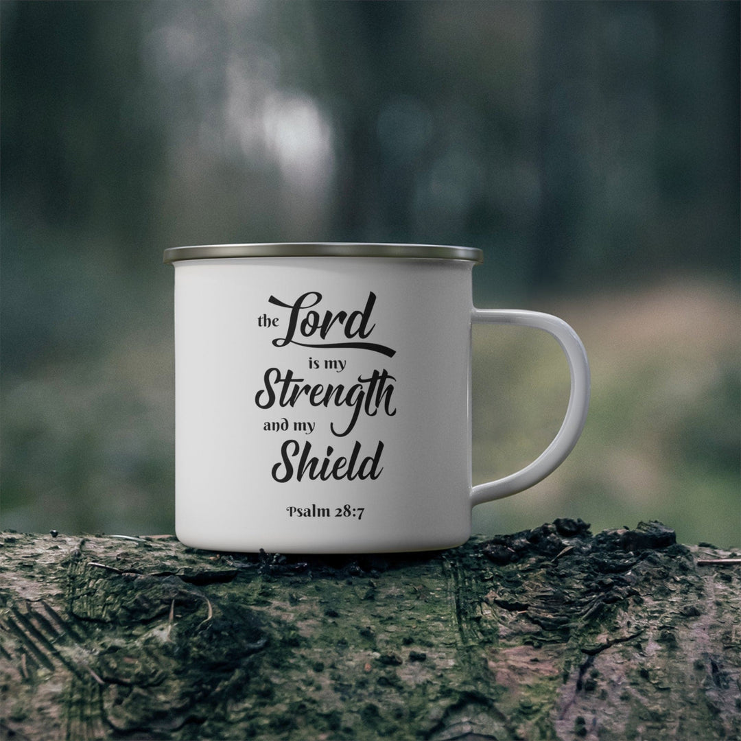 Enamel Camping Mug the Lord is my Strength and my Shield Black Print