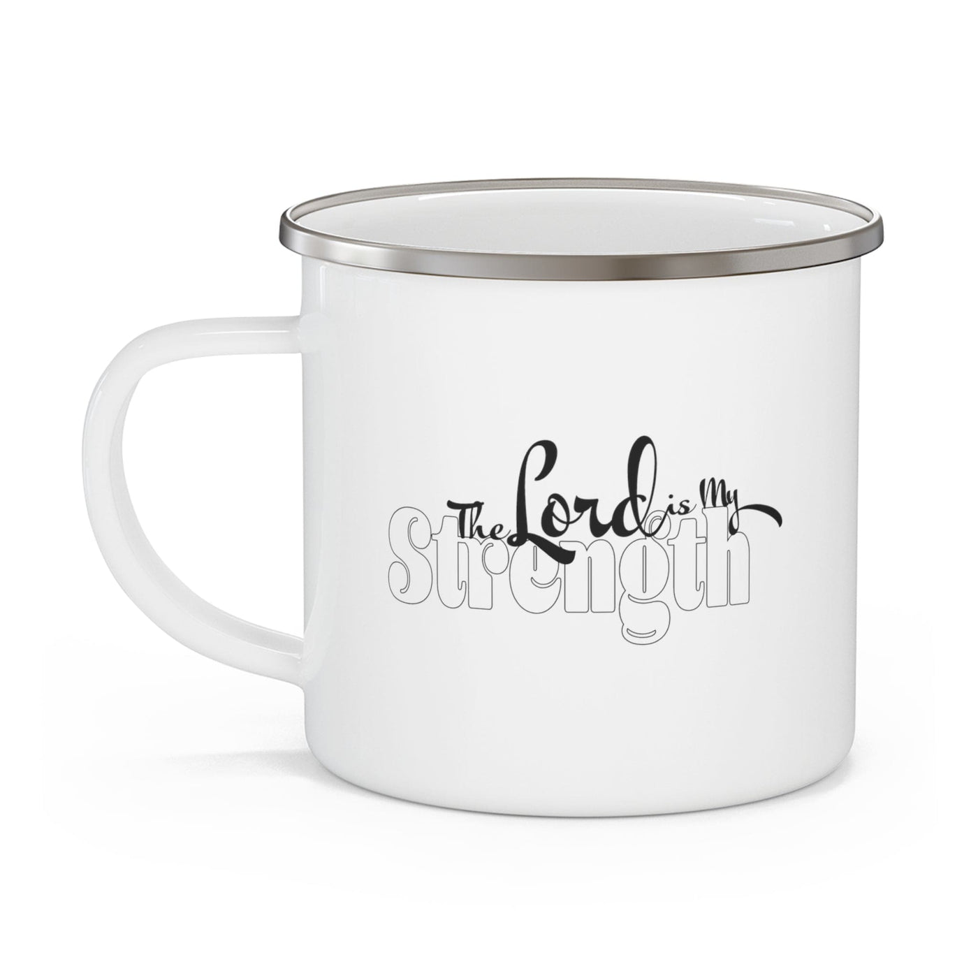 Enamel Camping Mug The Lord Is My Strength Black And White Illustration