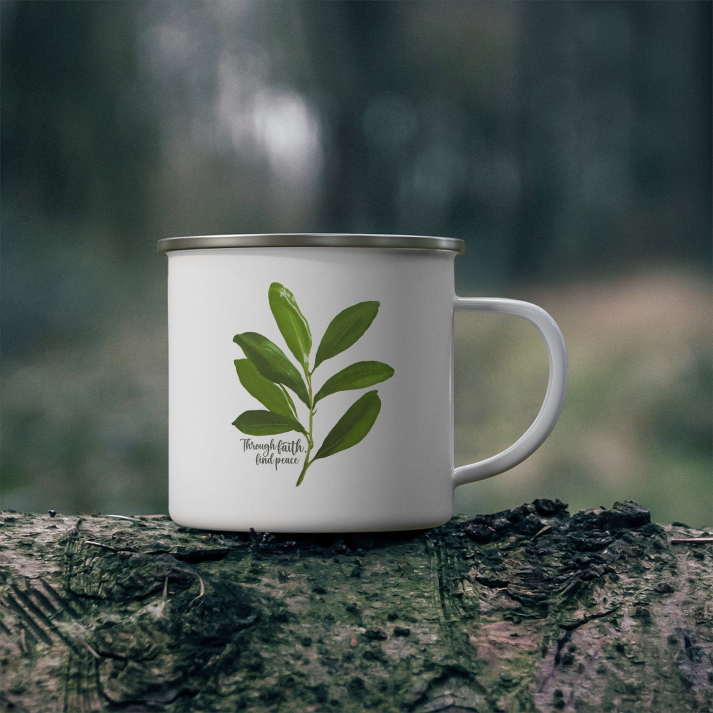Enamel Camping Mug Through Faith Find Peace Olive Leaf - Mug