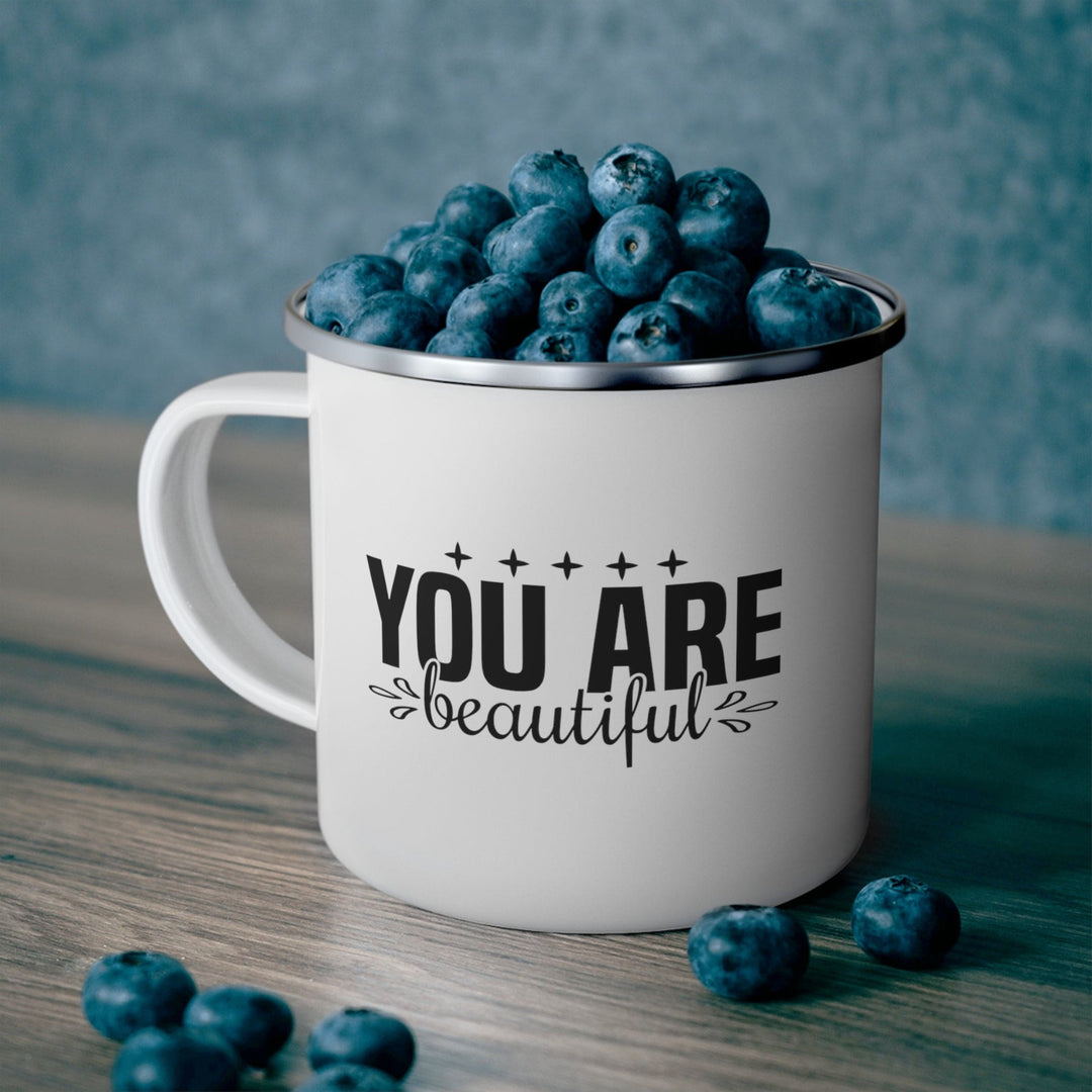 Enamel Camping Mug you are Beautiful - Inspiration Affirmation Black