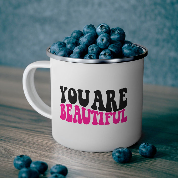 Enamel Camping Mug you are Beautiful Pink Black Affirmation Illustration