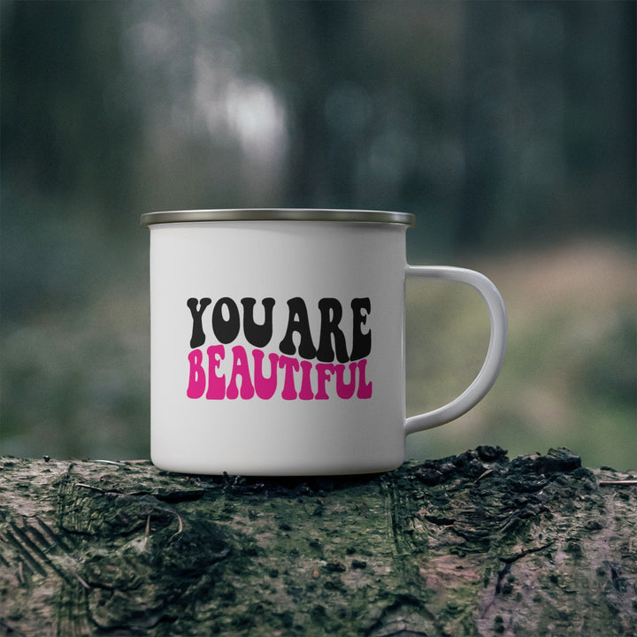 Enamel Camping Mug you are Beautiful Pink Black Affirmation Illustration