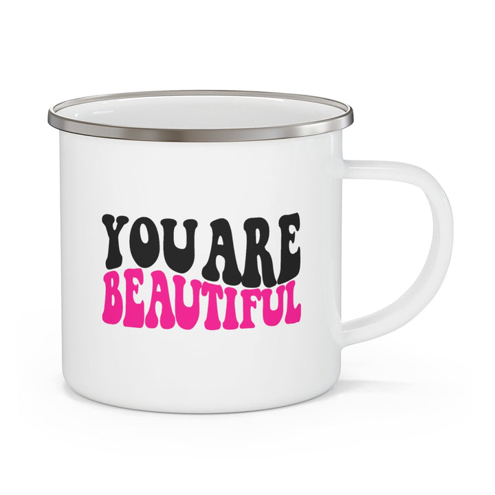 Enamel Camping Mug you are Beautiful Pink Black Affirmation Illustration