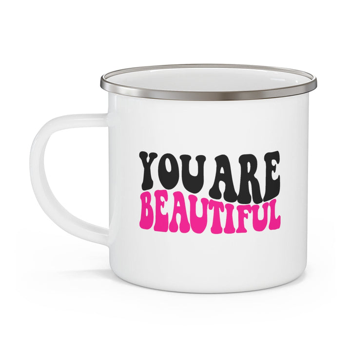 Enamel Camping Mug you are Beautiful Pink Black Affirmation Illustration