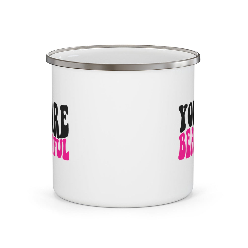 Enamel Camping Mug you are Beautiful Pink Black Affirmation Illustration