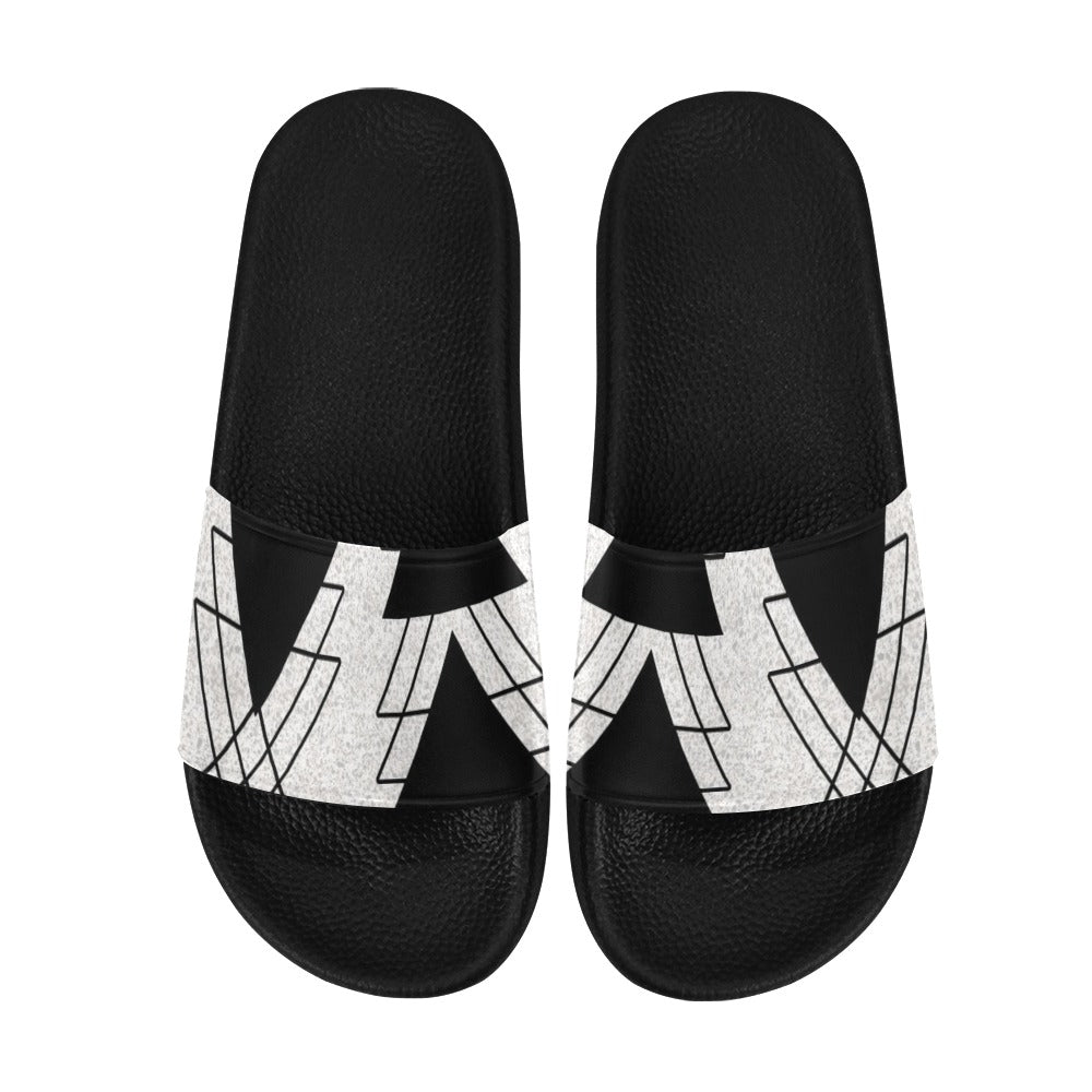 Mens Slide Sandals - Black and White Ash Grey Triangular Colorblock