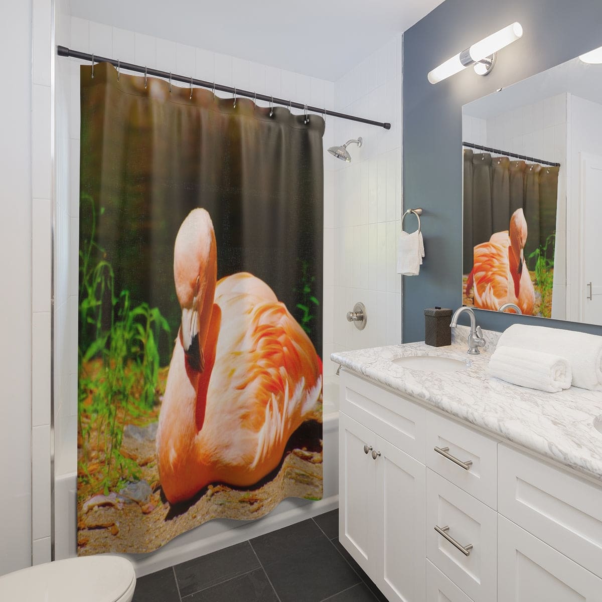 Fabric Shower Curtain Resting Flamingo Wildlife Nature Print - Decorative |